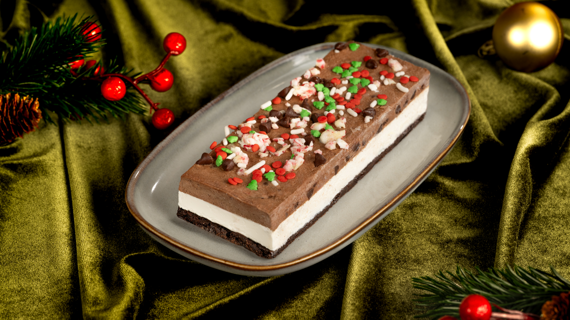 Peppermint-Chocolate Cookie Dough Brownie Ice Cream Sandwich, one of the new Walt Disney World holiday treats at Santa's Holiday Grove in Disney's Animal Kingdom