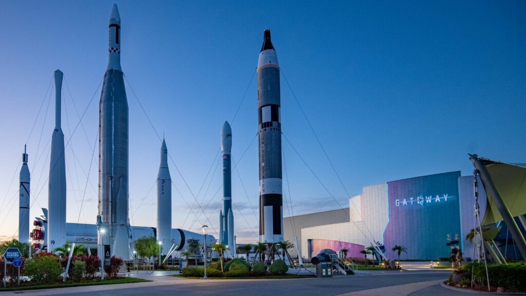 Kennedy Space Center MAX POWER 2026 at the Rocket Garden, Kennedy Space Center Visitor Complex, at dusk