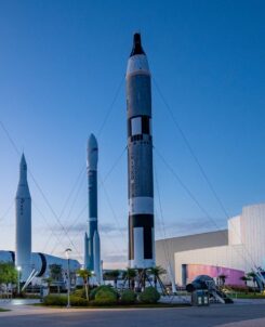 Kennedy Space Center MAX POWER 2026 at the Rocket Garden, Kennedy Space Center Visitor Complex, at dusk