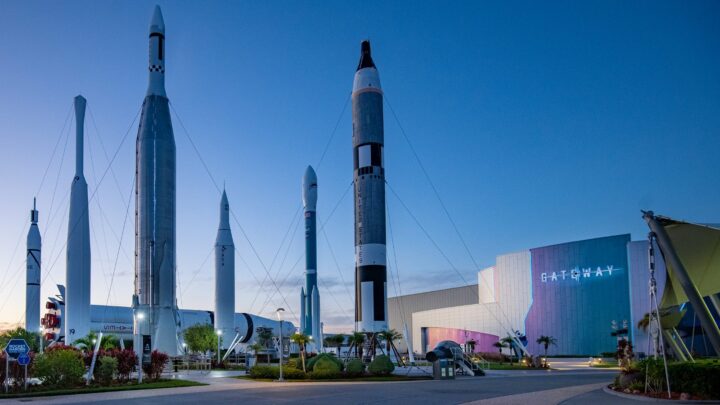 Kennedy Space Center MAX POWER 2026 at the Rocket Garden, Kennedy Space Center Visitor Complex, at dusk