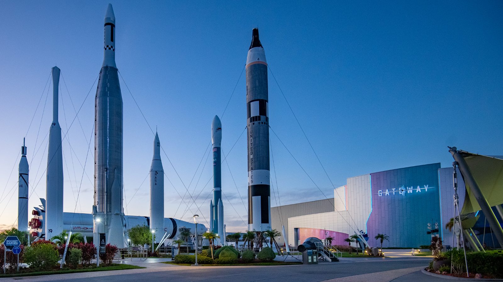 Kennedy Space Center MAX POWER 2026 at the Rocket Garden, Kennedy Space Center Visitor Complex, at dusk