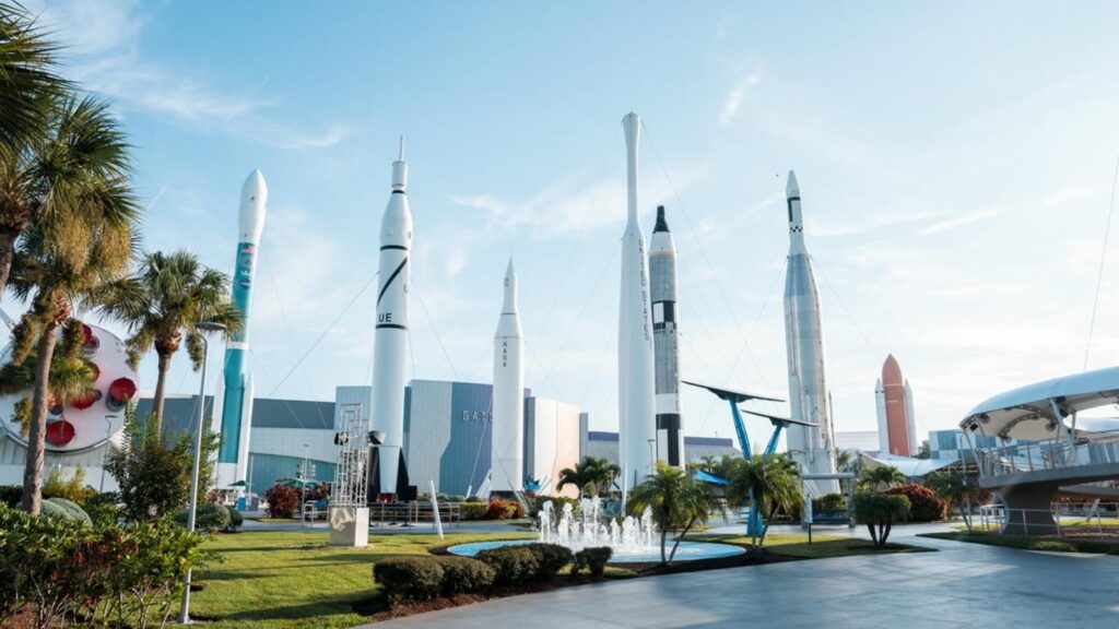 Rockets in the Rocket Garden at Kennedy Space Center Visitor Complex on a sunny day